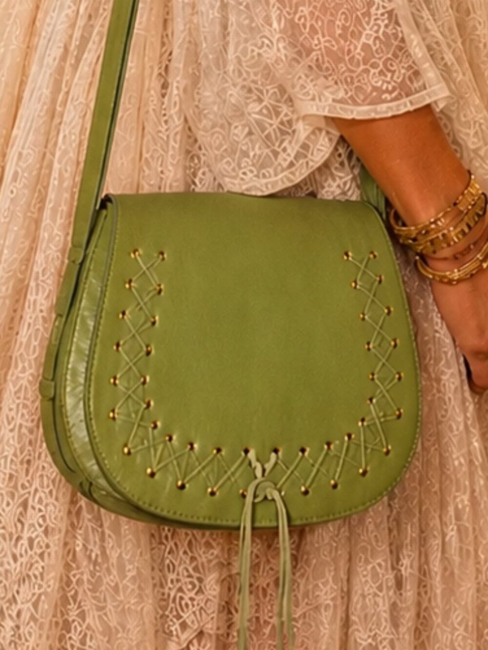 Violetta Mossy Green Whipstitch Fringe Detail Leather Cross Body Saddle Bag